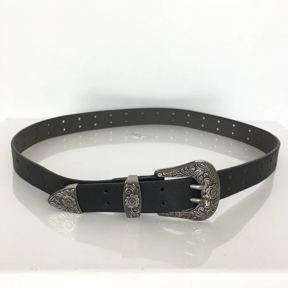 Women’s Black Vegan Leather Western Belt Antique Silver Floral Buckle Size M
